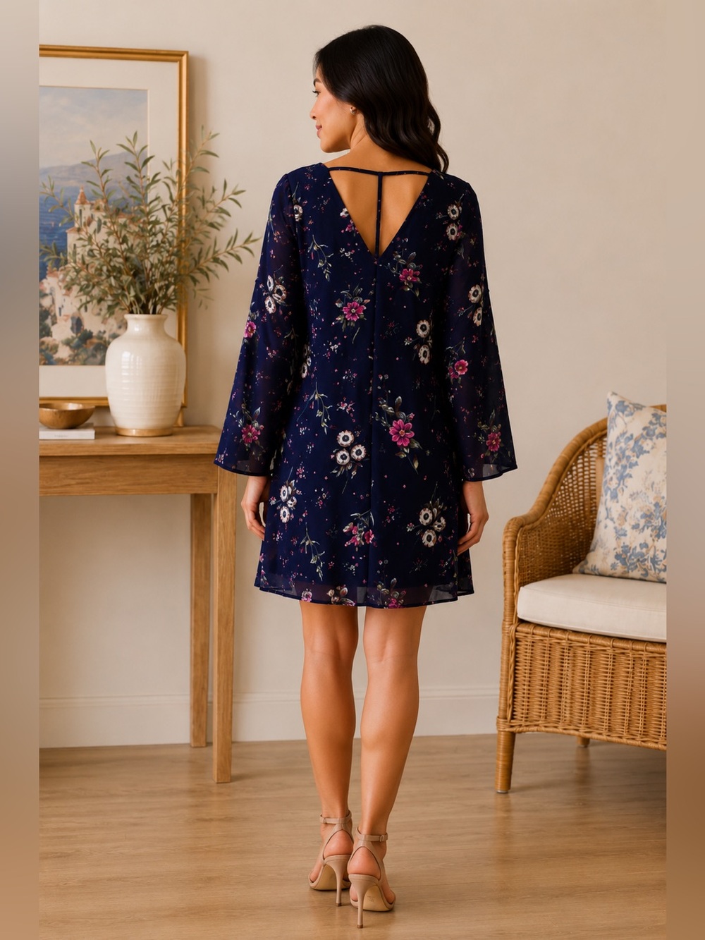 C / Charming Charlie Floral Long Sleeve V-Neck Dress with Pink & Green Accents
